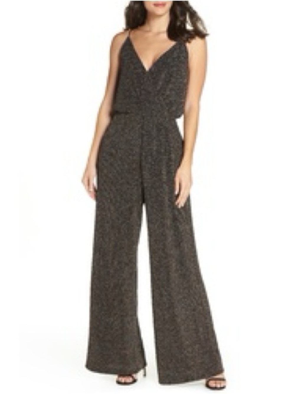 Chelsea28 Metallic Wide Leg Jumpsuit Black Gold Size 14
